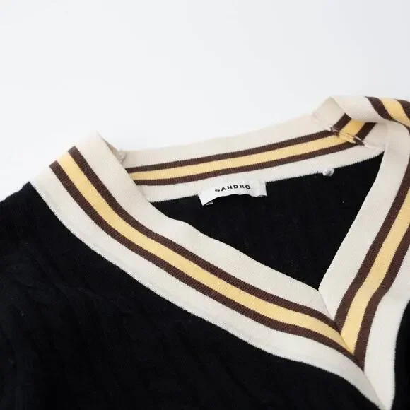 Sandro Alizia Navy V-Neck Black Knit Wool Sweater - Picture 6 of 10